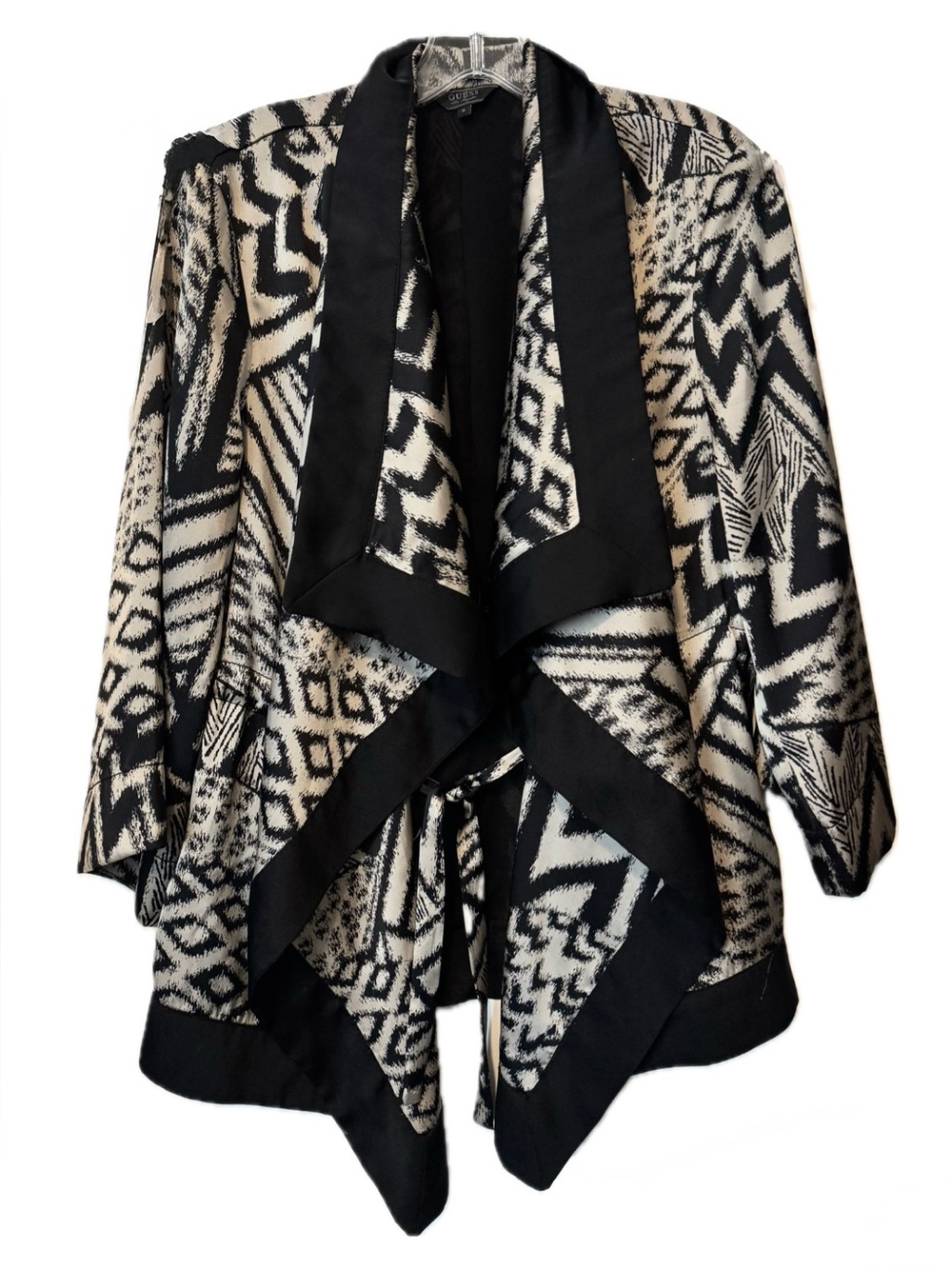 GUESS Black Cream Geometric Print Drape Front Open Cardigan Small